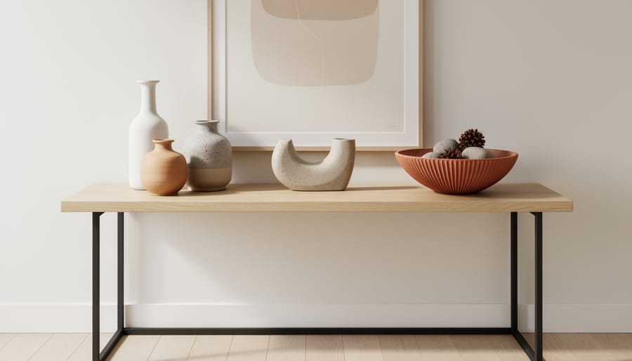 Close-up of artisan ceramic vase and bowl styling on a stone surface with metal tray and glass candle holder.