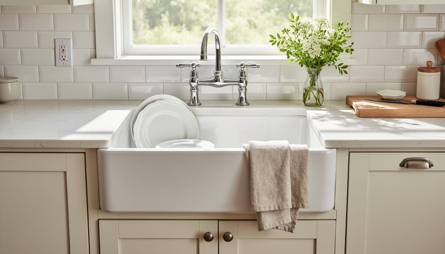 Close view of a white farmhouse apron-front sink with warm light in a traditional kitchen.