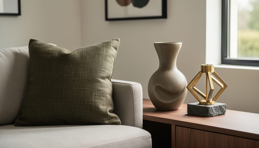 Close-up view of contemporary home decor accessories—ceramic vase, brass candle holder, and textured linen pillow—styled on a neutral sofa and wooden console in a softly lit living room.