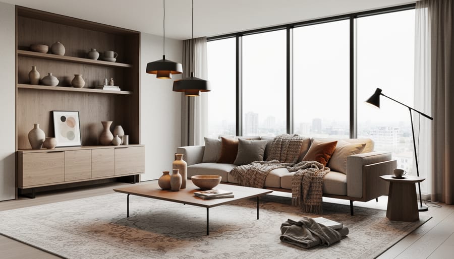 Contemporary living room with sculptural floor lamp, neutral layered textiles, and ceramic decor on a coffee table.