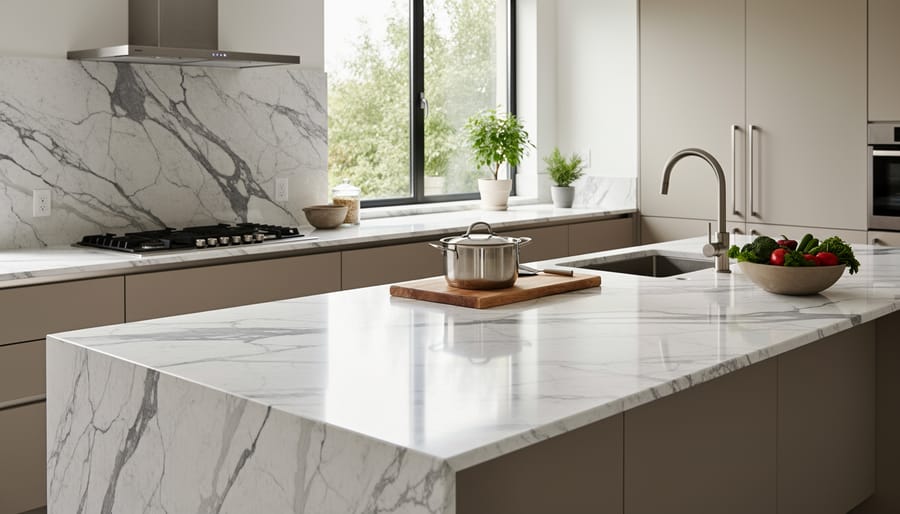 Marble countertop with classic stone veining and a brass-accented tray in a traditional kitchen.