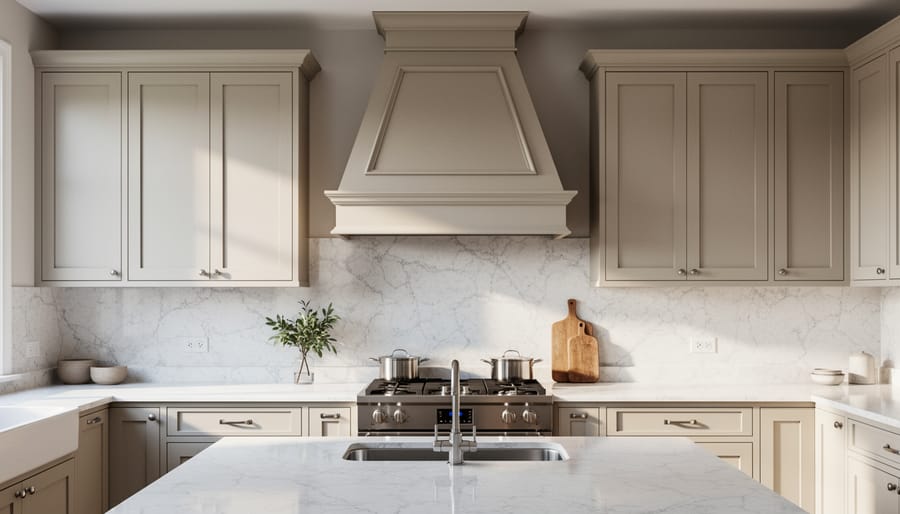 Traditional kitchen view featuring an ornate decorative range hood and classic cabinet trim.