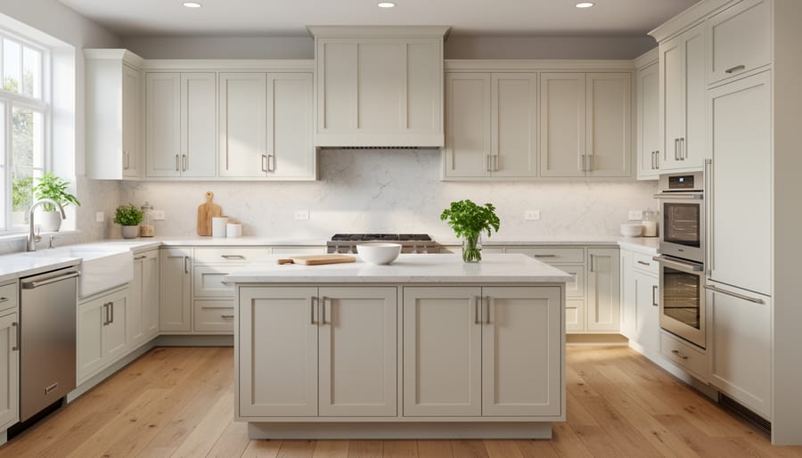 Traditional kitchen with Shaker-style recessed-panel cabinets in warm cream and wood tones.