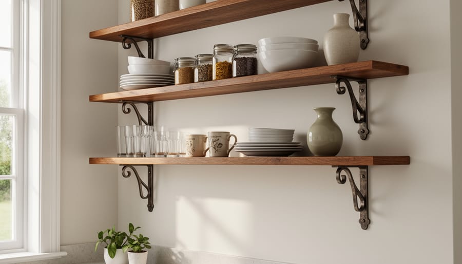 Traditional open kitchen shelving with decorative metal brackets displaying white dishes and ceramic canisters.