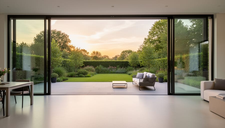 Bright modern living room with large glass doors and consistent flooring leading to an outdoor patio.