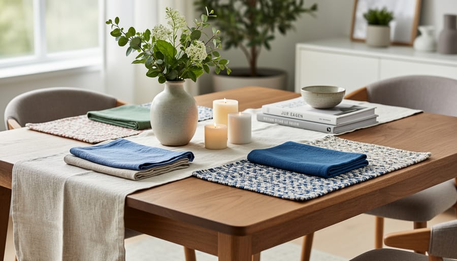 Close view of hands styling a coffee table with a linen runner, candles, and a woven basket in soft daylight.