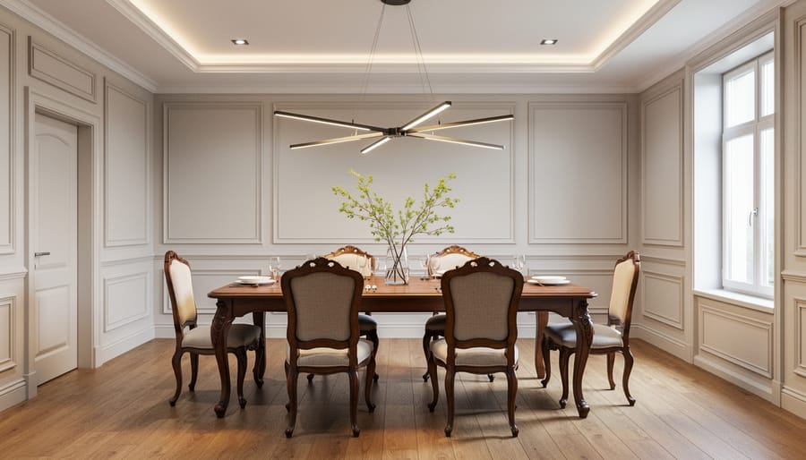 Dining room that blends traditional dark wood furniture with a modern pendant light