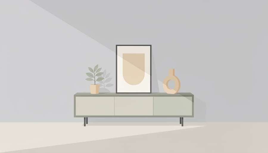 Hands arranging a couple of simple ceramic items on a minimalist entryway console with an uncluttered background.