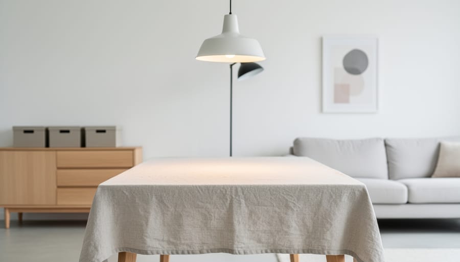 Modern Scandinavian living room vignette with a linen tablecloth, minimalist storage on a sideboard, and a warm statement lamp in a softly lit space