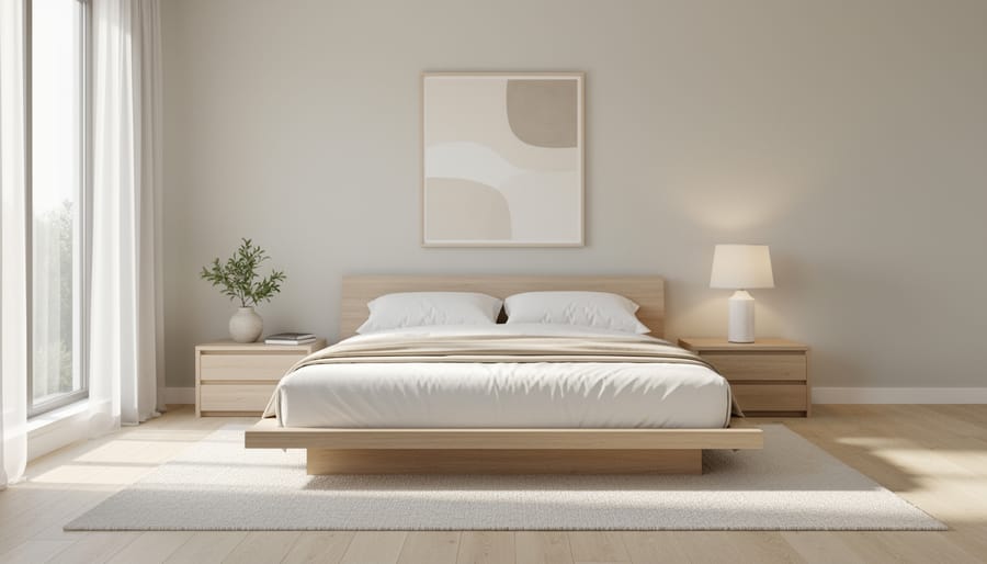 Minimalist bedroom corner with neatly made bed, simple lamp, and uncluttered surfaces.