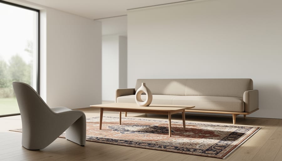 Minimalist living room with a sculptural chair, streamlined sofa, and a vintage Persian rug under soft natural daylight