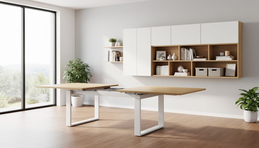 Modern dining area with extendable table, modular seating, and floating wall-mounted storage.