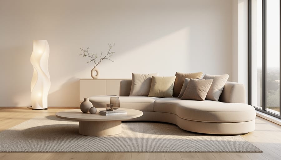 Modern living room corner with sculptural brass floor lamp, curved boucle sofa, and layered neutral textiles.