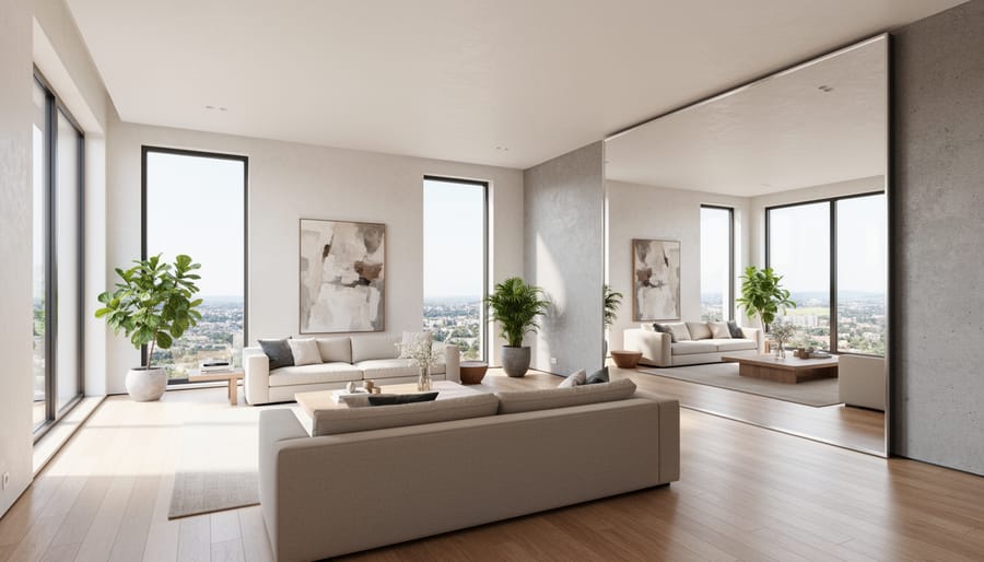 Oversized mirror reflecting light and depth in a modern room with wood slat and textured wall accents.