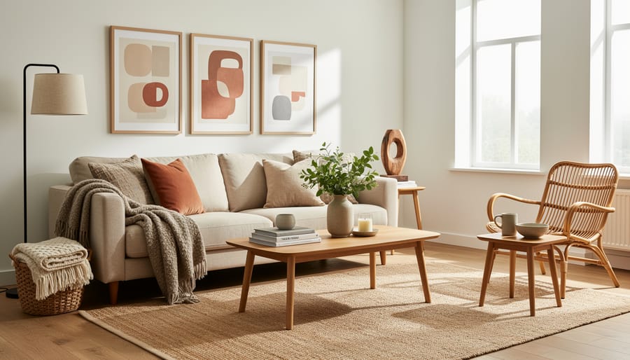 Stylish living room vignette with neutral sofa, linen throw pillows, ceramic vase, and a glowing table lamp in soft natural light.