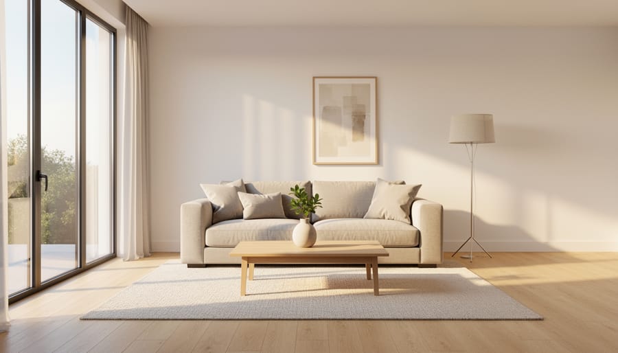 Sunlit minimalist living room with neutral furniture, a single ceramic vase, and uncluttered walls.
