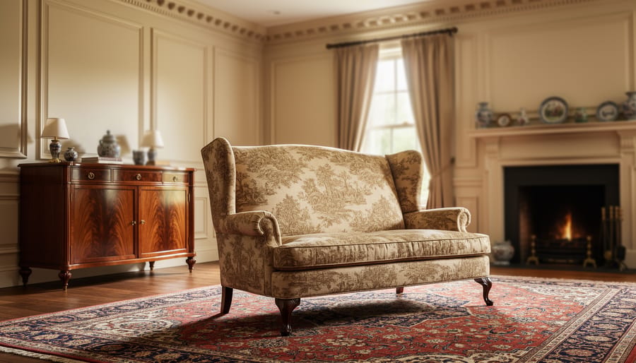 Warmly lit traditional living room with a toile-pattern sofa, mahogany sideboard, ornate wall trim, and a Persian-style rug.