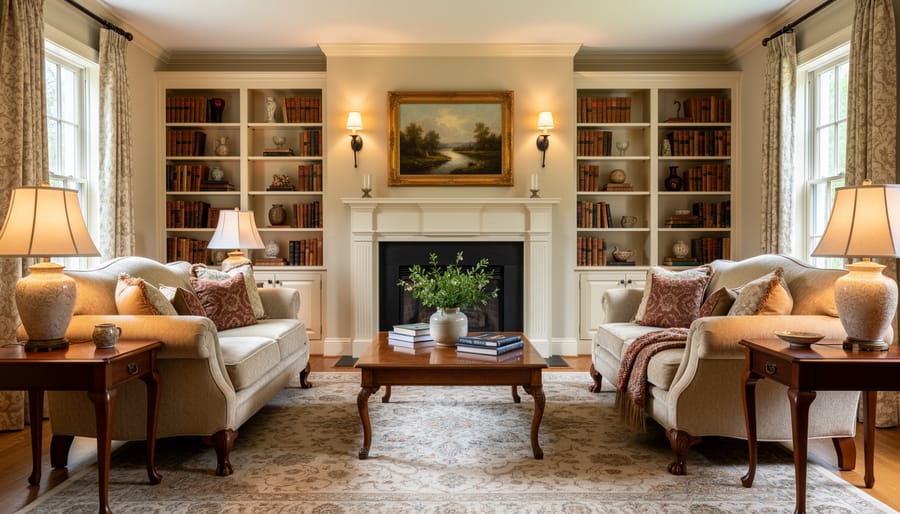 Traditional living room featuring carved wood furniture, damask curtains, and warm brass lighting in a symmetrical layout