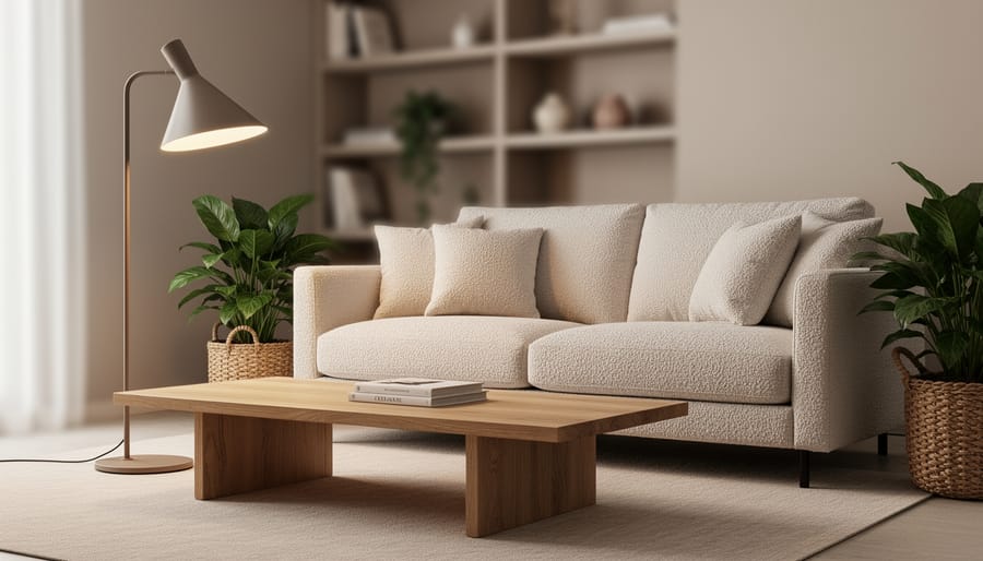 Warm-minimalist modern living room with a glowing sculptural floor lamp, natural-wood coffee table, textured sofa, and indoor plants in woven planters.