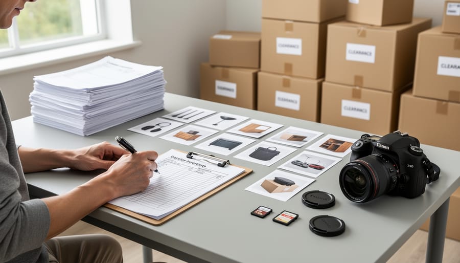 Clipboard, digital camera, and moving boxes arranged on a sofa cushion as part of documenting furnished contents.