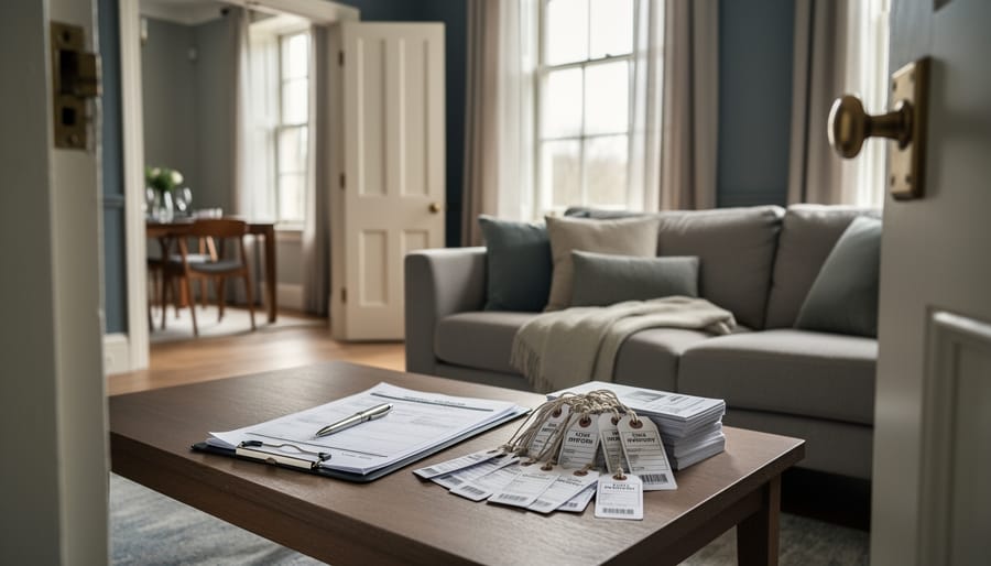 Auction preparation in a furnished living room, with an auctioneer’s clipboard and inventory materials beside cleared furniture areas.