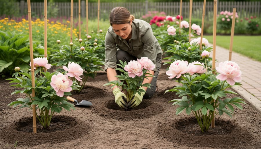 Gardener planting spaced peonies in a garden bed with herbaceous and tree peony plants visible in an airy arrangement.