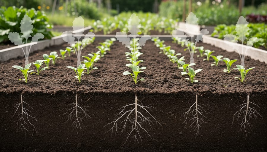 Hands placing a peony root division into a dug planting hole in garden soil