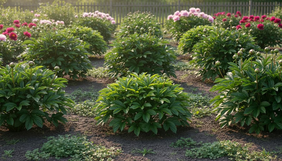 Mature peonies spaced in a perennial border with visible soil between clumps