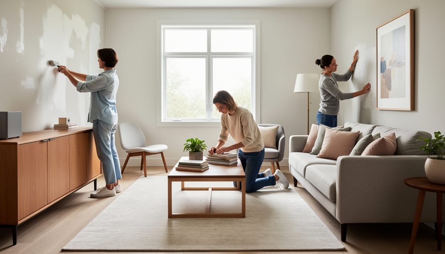 Hands adjusting a throw blanket and chair during preparation of a furnished room for auction viewings.