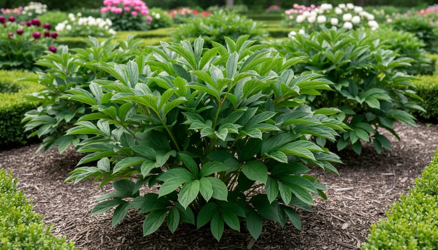 Garden peony plant with full green foliage but no blossoms, suggesting conditions that may prevent blooming.