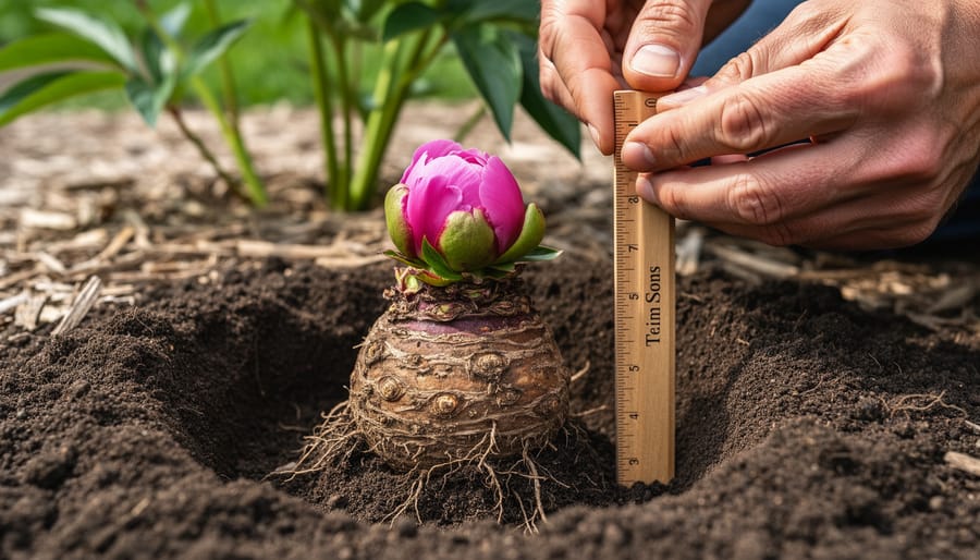 Gardener’s hand holding a peony tuber over a planting hole with soil, illustrating proper planting depth for blooms.