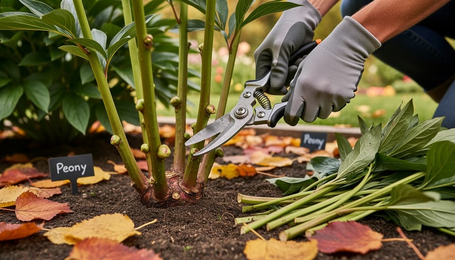 Gardener pruning peony stems with gloved hands near the base of the plant in a late-season garden.