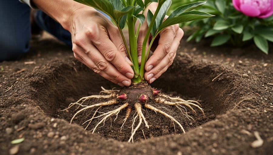 Gardener placing peony roots into dark soil at the planting site.