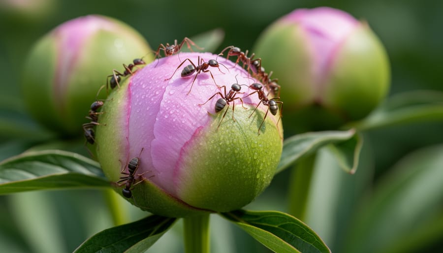 Macro close-up of ants on a green peony bud.