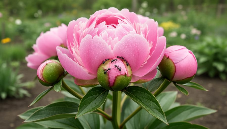 Close-up of pink peony buds in a spring garden with a few ants near the bud and petals, with greenery blurred in the background.