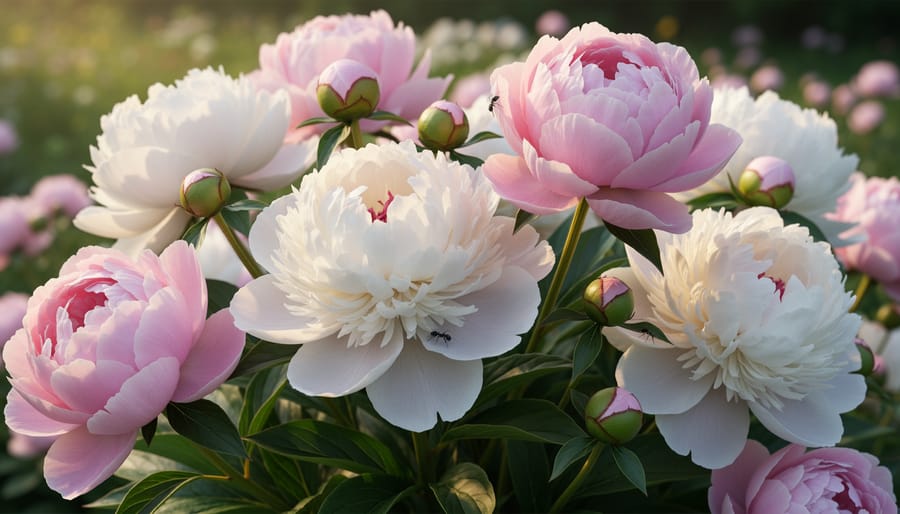Pink and white peonies blooming in a garden bed with a few ants on a stem.